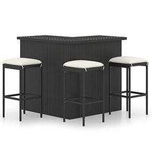 VGLQNRPT 4 Piece Patio Bar Set with Cushions, Poly Rattan Outdoor Garden Bistro Table and 3 Stools, Weather-Resistant Furniture for Terrace, Balcony, Backyard, Black