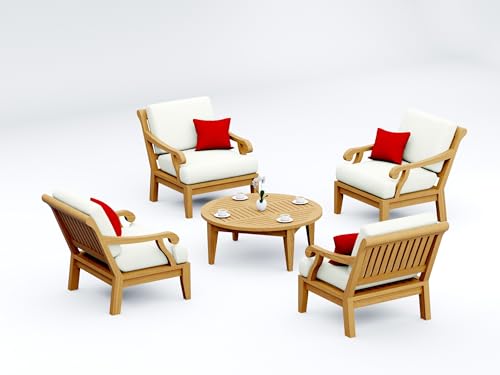 TeakStation 5 Pc Teak Wood Lounge Chair Set: 4 Lounge Chairs & Round Coffee Table with Cushions in Outdoor Sunbrella Fabric #5404 Canvas Natural