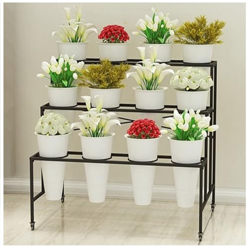 Flower Display stand with Flower Buckets, Movable Plant Cart Shelf Cut Flowers Container Shelf, Florist Plant Display Shelves Flower Shelf Ladder, Florist Bouqu（Black Frame White Bucket-100×60×88cm）