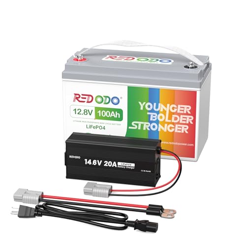 Redodo 12.8V 100Ah LiFePO4 Battery with 14.6V 20A Lithium Charger
