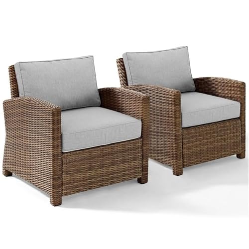 Afuera Living Outdoor Patio Armchairs, Wicker/Rattan and Steel, Gray/Brown Finish, Set of 2, Solution-Dyed Fabric Cushions, Weather-Proof, UV-Resistant, 32.5" H x 30.5" W x 31.75" D, Balcony or Porch