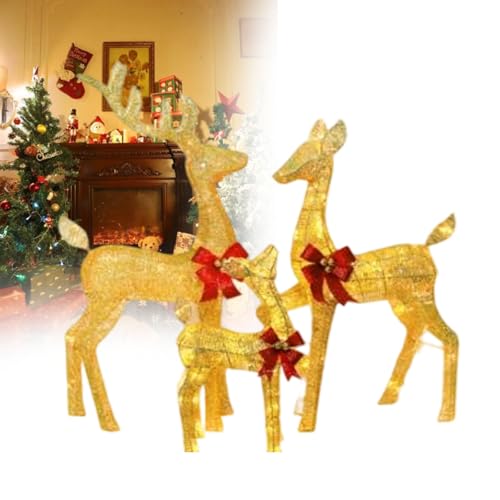 3D Gold Lighted Christmas Deer Decorations 3-Piece Outdoor Holiday Decorations Reindeer Set with Warm White LEDs, Large Yard Display for Garden, Storefront 1