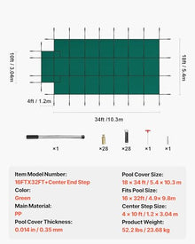 VEVOR Pool Safety Cover, Fits 16x32ft Rectangular Inground Winter Swimming Pools, with 4x8ft Center End Step, Triple Stitched, High Strength Mesh PP, Great Rain Permeability, Installation Hardware