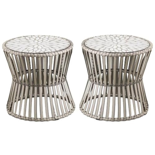 Home Square Round Wicker Outdoor Side Table in Gray - Set of 2