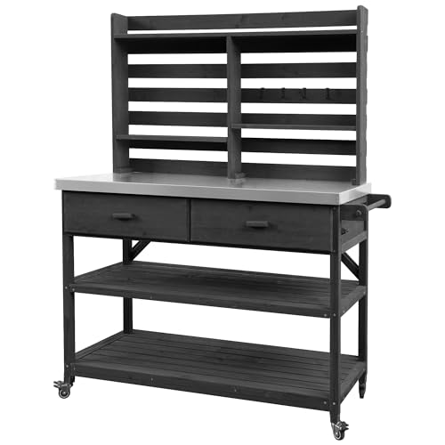 Outdoor Potting Bench with Lockable Wheels & Upper Hutch - Solid Wood Kitchen Island with Stainless Steel Top, Towel Rack & Storage Cabinet for Grilling, Gardening, Lawn (Black)