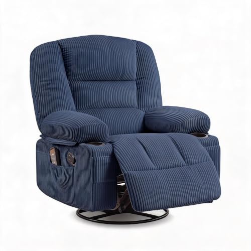 Oversized 360° Swivel Rocker Recliner Chair for Adults with Vibration Massage & Heat, Manual Glider with Deep Wide Seat, Overstuffed Corduroy Upholstery - Blue Corduroy