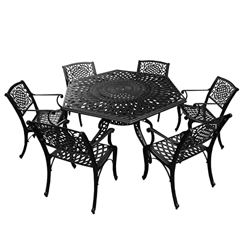 Oakland Living Modern Ornate Outdoor Mesh Aluminum 63-in Black Hexagon Patio Dining Set with Six Chairs