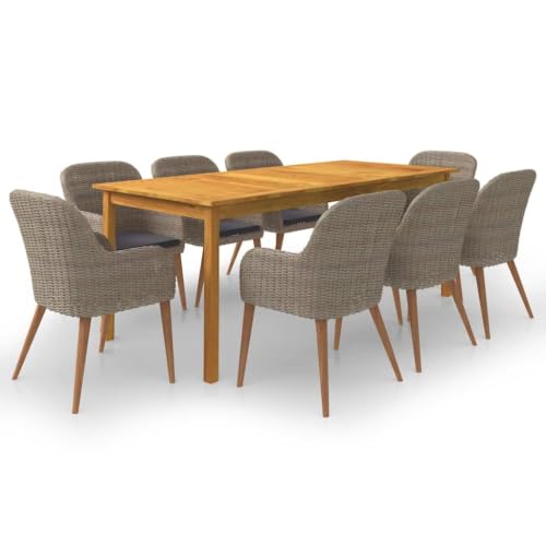 Molumvel 9 Piece Patio Dining Set with Acacia Wood Table and 8 Rattan Chairs, Outdoor Garden Furniture Dining Table Set for Backyard, Deck, and Patio