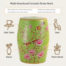 Green Decorative Ceramic Garden Stool, Bird & Flower Ceramic Drum Stool