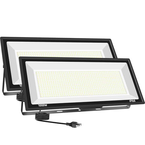 2 Pack 1000W LED Flood Light Outdoor,95000LM 6500K Daylight White Exterior Security FloodLight with Plug, IP66 Waterproof Commercial Lighting for Sports Fields,Parking Lots,Courts,Arena,Stadium