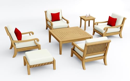 TeakStation 7 Pc Teak Wood Lounge Chair Set: 4 Lounge Chairs, Ottoman, Square Coffee Table & Side Table with Cushions in Outdoor Sunbrella Fabric #5404 Canvas Natural
