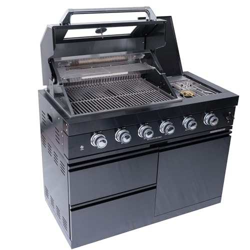 6 Burner Gas Grill Island, 85000 BTU Outdoor BBQ Cart, Infrared Rear Rotisserie, Stainless Grates, Warming Rack, Storage Drawers, Grease Tray, Lights, Thermometer, Ignition, Bottle Opener (Black)