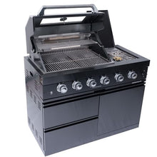 6 Burner Gas Grill Island, 85000 BTU Outdoor BBQ Cart, Infrared Rear Rotisserie, Stainless Grates, Warming Rack, Storage Drawers, Grease Tray, Lights, Thermometer, Ignition, Bottle Opener (Black)