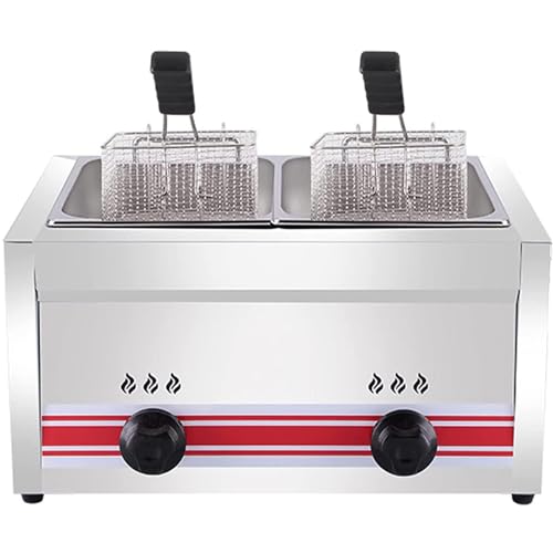 Professional Commercial Gas Fryer, Stainless Steel LPG Fryer, Adjustable Firepower, with Baskets and Lid, Easy Cleaning Doublecylinder10l+10l