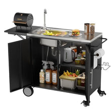KEIKI Outdoor Grill Table with Sink & Foldable Worktop, 304 Stainless Steel BBQ Cart with Storage Cabinet & Wheels, Outdoor Kitchen Prep Station with Large Basin for Backyard, Garden, Patio