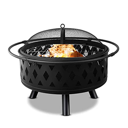32 Inch Large Fire Pit, Crossweave Outdoor Fire Pit Round Fire Pit with Grid Poker Patio Bonfire BBQ Grill Firepit for d Garden Camping