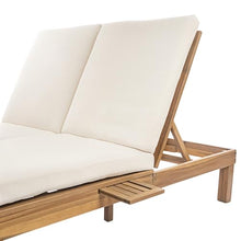 Praxatek Patio Double Chaise Lounge with 5-Position Adjustable Backrest, Acacia Wood Frame, 4-Inch Cushions, Seats 2, Gray (Light Teak)