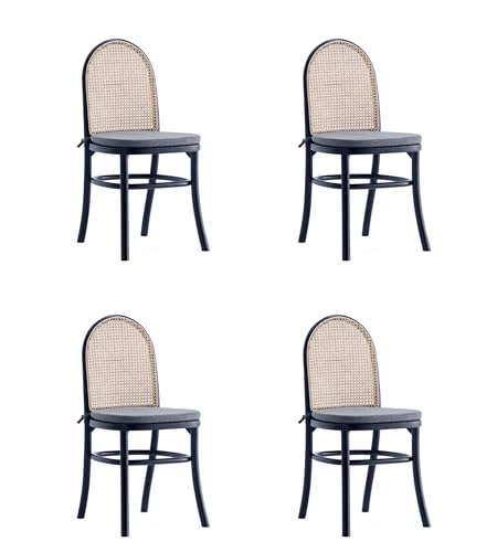 Manhattan Comfort Paragon Rattan Wicker Cane Side Outdoor Dining Chair Set of 4 with Grey Cushions