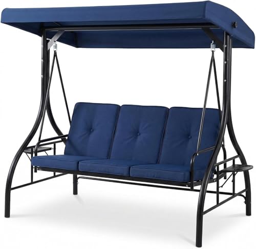 FinerFurnis Adjustable Canopy & Convertible Bed – 3-Seat Outdoor Patio Swing Chair – Thick Cushions, Built-in Cup Holders & Tray, Weather-Resistant Steel Frame, Sturdy for Backyard or Porch – Navy