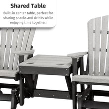 DutchCrafters Slat Fan Back Double Poly Adirondack Glider Outdoor Patio Chairs with Center Table (Black & Weatherwood)