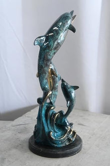 Nifao Triple Dolphin, Marine, Marble Small Bronze Statue, 10"L x 9"W x 19"H