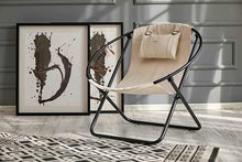 Mern Living Leather Folding Chair - Luxury Papasan Chair, Sling Accent Chair, Round Saucer Chair for Patio, Garden, Beach, Living Rooms and Bedrooms, Modern Furniture (Faux Leather, Off White)