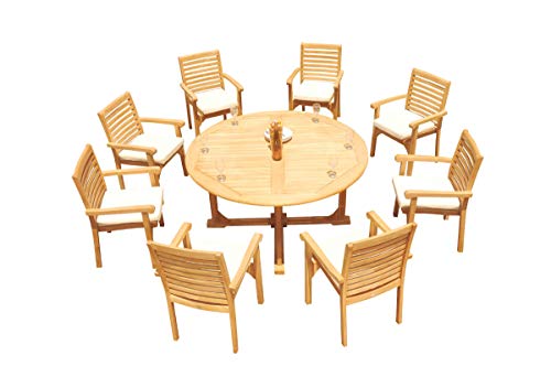 WholesaleTeak 8 Seats 9 Pcs Grade-A Teak Wood Dining Set: 60" Round Table and 8 Hari Stacking Arm Chairs #11HR1209