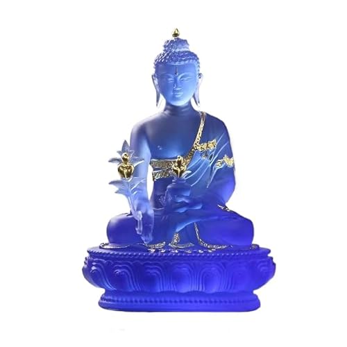 Fretkins Medicine Buddha Statue Blue Liuli Idol - 8.7" Translucent Figurine for Altar & Feng Shui(B)