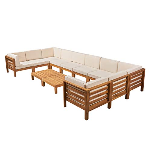 Great Deal Furniture GDFStudio Outdoor U-Shaped Sectional Sofa Set with Coffee Tables - 12-Piece 10-Seater - Acacia Wood - Outdoor Cushions - Teak and Beige