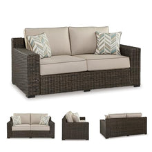 Signature Design by Ashley Coastline Bay Outdoor Loveseat, Rust-Free Aluminum Frame with Nuvella Cushions and Handwoven All-Weather Resin Wicker, Deep Seating 2 Person Patio Sofa, Brown and Beige