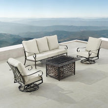 Oakland Living Black Aluminum Patio Fire Table Set with Deep Seating Sofa, Two Club Chairs and Wind Blocker