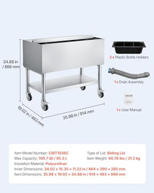 VEVOR Commercial Ice Bin, 100.7 Qt Max Capacity, 36 x 19 x 35 Inch Stainless Steel Ice Chest with Sliding Lid and Bottle Holders, Cooler Cart Cocktail Unit for Bar Restaurant Pub, NSF Certified