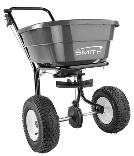 Smith 80 lb Broadcast Spreader, Heavy Duty Push Fetilizer Spreader, Lawn Seed & Salt Spreader with Pneumatic Tires, Adjustable Flow Control, Covers Large Yards, Model SB80