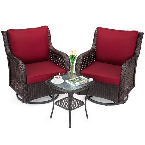CABIHOME 3 Piece Patio Furniture Set, Outdoor Swivel Wicker Glider Bistro Chairs with 4" Thick Cushions & 2-Tier Coffee Table, Ideal for Porch, Balcony, Deck, Garden and Poolside