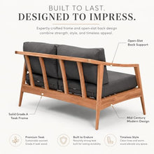 Golden Frame Outdoor Loveseat, Grade A Teak Patio Sofa with Performance Fabric Cushions, Machine-Washable Covers, YKK Zippers, Mid-Century Modern Garden Couch - Canvas Charcoal