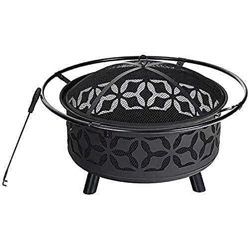 Fire Pit BBQ Grill Fire Bowl Steel Hearth with Cutouts for Patio Fireplace Sledgehammer Pattern and Screen Included Outdoor Pit Black