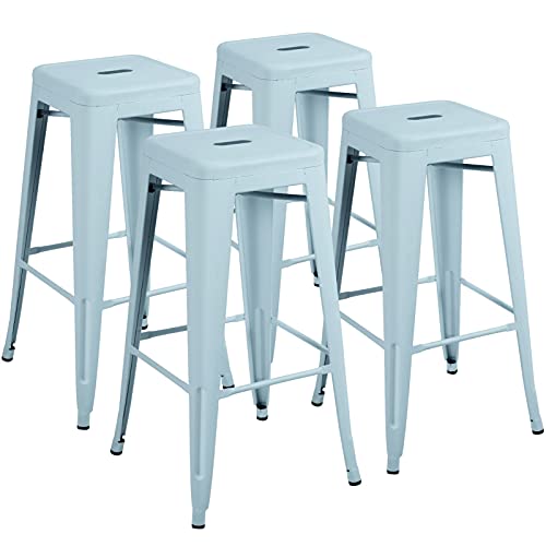 ZDXY Set of 4 Metal Bar Stools Breakfast Stool Kitchen Chair for Counter Height Indoor-Outdoor Modern Stackable Industrial Stools, 30 Inches (Light Blue)