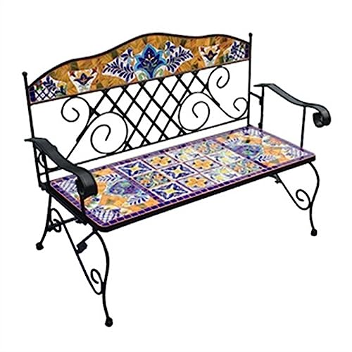 BENGAOTH-O Outdoor Benches, Mexican Style Outdoor Bench, 41.3" Double People Garden Leisure Bench, Metal Frame and Hand Painted Ceramic Seats, for Patio Yard Park Balcony,for Patio,Park,Lawn