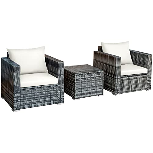 3 PC Patio Rattan Furniture Bistro Set Cushioned Sofa Chair Table White Single Sofa