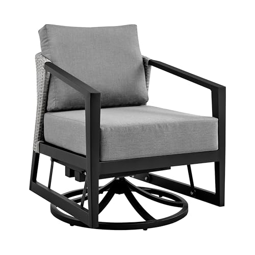 Benzara Nyla 28 Inch Patio Swivel Lounge Chair Wicker Back Aluminum Frame Black Gray