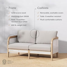 Nathan James Twila Boho Rattan Loveseat Outdoor Sofa, Outdoor Loveseat with Rattan Arms, Solid Acacia Wood Frame, Gray Linen