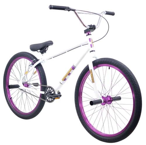 R4 Pro 26 Inch Wheelie BMX Bicycle Retro Look, New Looptail Design Adult/Youth White Purple