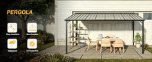HarmoFurn Outdoor Pergola, 12x8FT, Galvanized Steel Roof with Powder-Coated Frame, Wall-Mounted Patio Shade Structure, Black