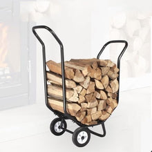 DJVHSRI Movable Firewood Trailer Rack, Powder-Coated Wrought Iron Frame with Wooden Storage for Indoor Outdoor Use,