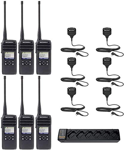 SR-Moto Motorola DTR700 50 Channel 1 Watt License Free Digital Two Way Radio with Speaker Microphone and Multi Unit Charger 6 Pack Black