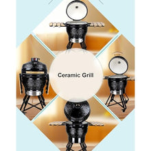26in Ceramic BBQ Grill, Ceramic Smoker with Stainless Steel Grates,Thermometer, 2 Wooden Handle,Outdoor Cooking,Camping,Picnic(B,22in)