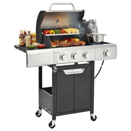 EUHOME 3 Burner Propane Gas Grill with Side Burner, 40,500 BTU BBQ Grill