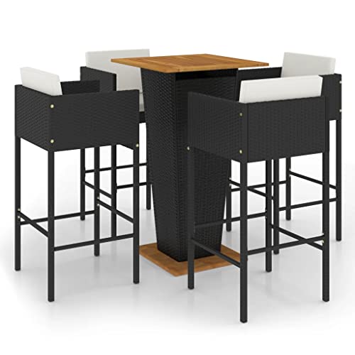 Makastle Outdoor 5-Piece Wicker Bar Stools & Bar Table Set, Rattan Patio Furniture Set 4 Stools & 1 Table, Outdoor Conversation Set with Cusions & Strip Lumbars, for Poolside, Backyard, Lawn