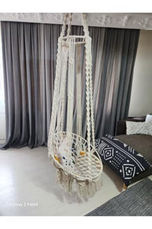 Macrame Swing Hammock Chair Special Weave 23.6 x 31.5 in Cotton Ecru Scandinavian Retro Style for Indoor Outdoor Use Max Load 220 lbs - Ecru Cream