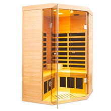 GDFStudio 47.24" 2 Person Hemlock Far Infrared Corner Sauna Large Glass Front Deluxe Transparent Cabin 1520W 7 Panel Heater 110V/120V APP Control Bluetooth Audio LED Light Spa Room